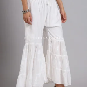 White Rawiya Muslin Three Layer Chikankari Garara