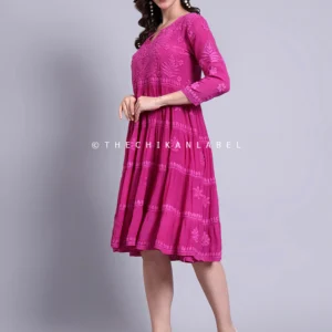 Afsara Crepe Chikankari Tier Tunic Gown - Hot Pink