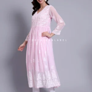 Diksha Georgette Chikankari A-Line Kurti - Baby Pink