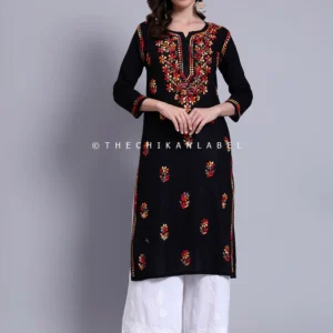 Hima Cotton Chikankari Straight Kurti - Black