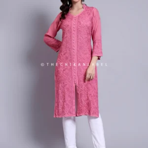 Kaira Muslin Chikankari Straight Kurti - Pink