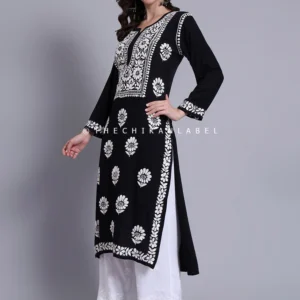Myra Rayon Straight Chikankari Kurti - Black